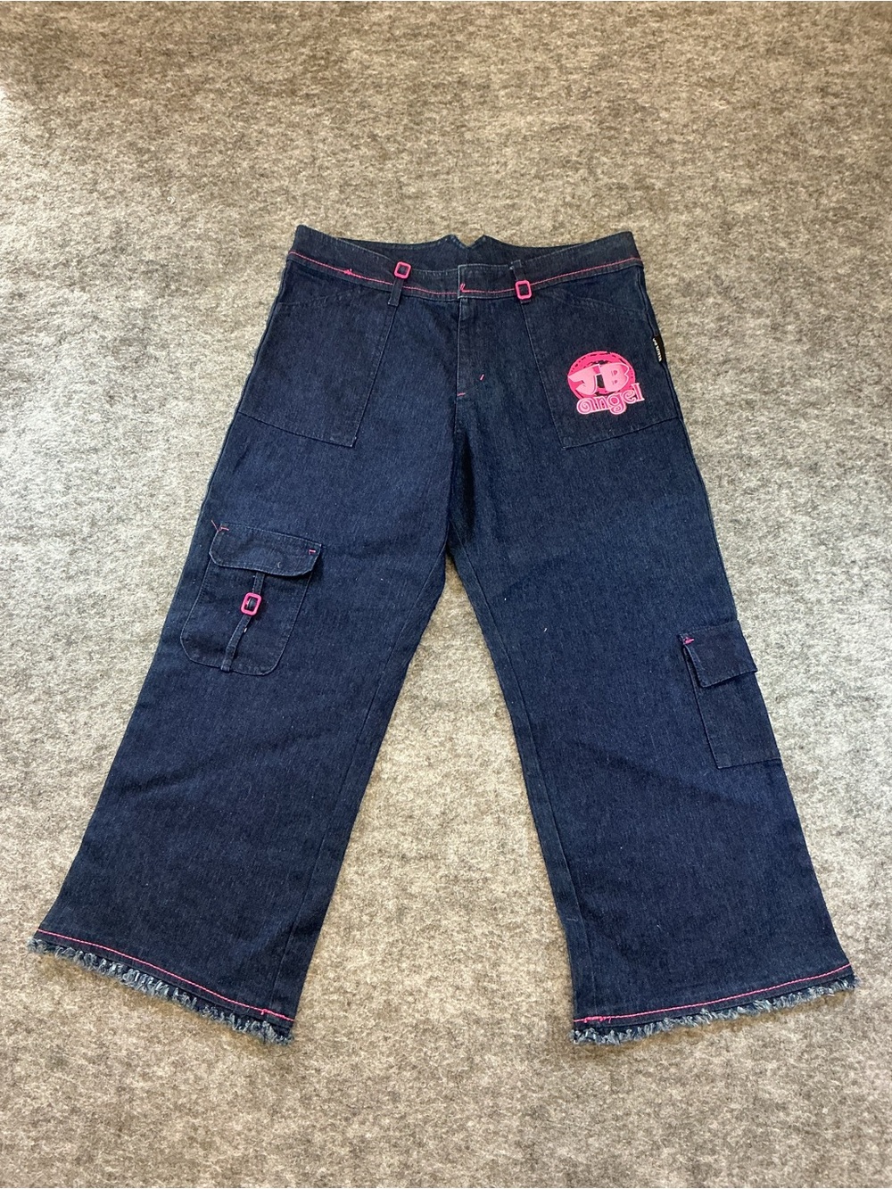 Joe Boxer Y2K Girls Dark Wash Wide Leg Cargo Jeans with Pink Accents Size 16